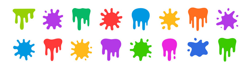 Color paint splatter. Bright colorful splashes and drips, abstract blot splatter. Ink stains for kids, comics, pop art posters and stickers, graffiti. Rainbow inkblot vector isolated set