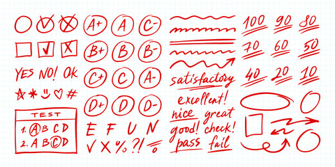 Grade school mark. Red hand drawn exam marks, grades and checkboxes, arrows and underlines, evaluation icons. Doodle words on grid paper for school designs, learning content. Vector isolated set