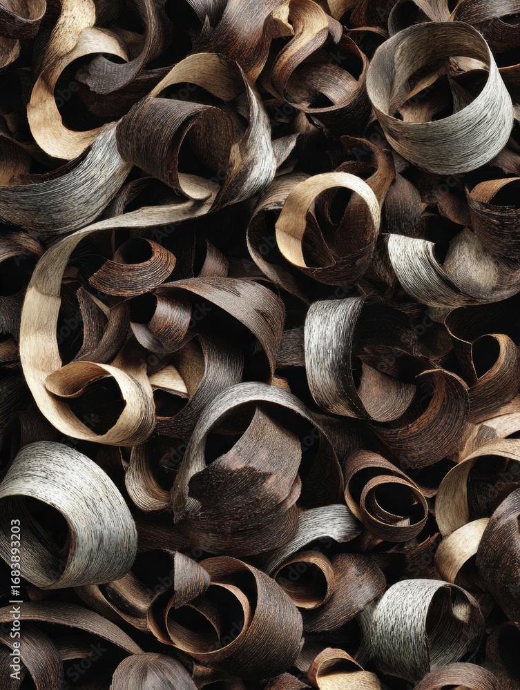 Poster curled hardwood shavings cover a workbench, creating an artistic pattern that showcases the craftsma