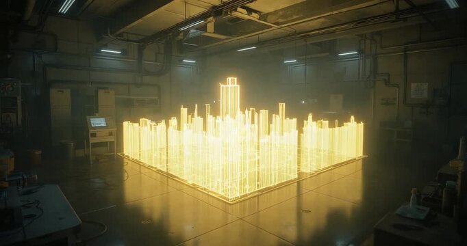 Powering on hologram projection table, projecting grid and building glowing city model in workshop - Powered by Adobe