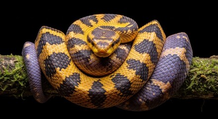 Obraz premium Vibrant Yellow and Purple Pit Viper Coiled on Mossy Branch