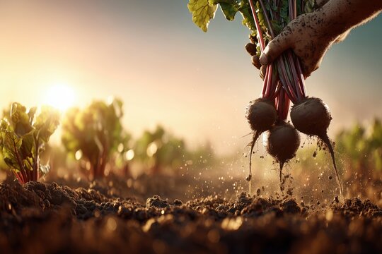 Hands holding freshly harvested beets with roots and stems, outdoors at sunset