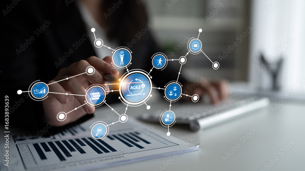 Poster a professional woman interacts with a digital interface showing agile management concepts, emphasizi