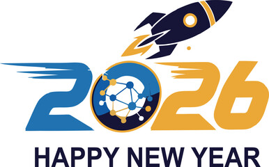 Happy New Year 2026: Rocket Launch and Technology Logo