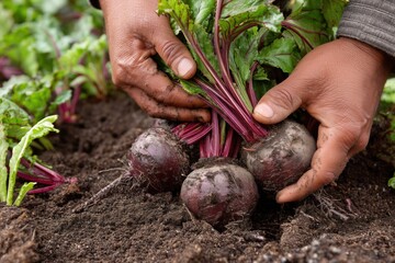 Close-up of hands carefully harvesting beets from soil