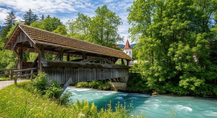 Fototapeta premium Historic Wooden Bridge Over Turquoise River Amidst Lush Greenery