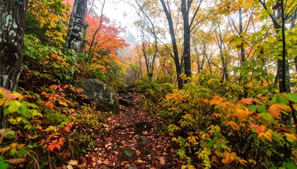 Autumn forest path in mist