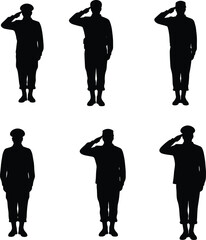 Military salute silhouettes, standing at attention, soldier gesture, respect posture, army discipline, ceremonial stance, honor display, uniformed personnel – flat vector illustration