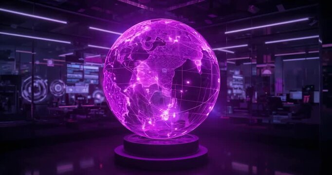 On activation holographic globe rotating atop pedestal in ops room for monitoring network nodes