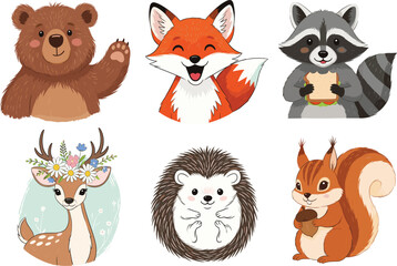 Animal, cartoon, cute, happy, smiling, bear, fox, raccoon, deer, hedgehog, squirrel, kids, fun, playful, character, illustration, forest, woodland, nature