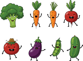 Vegetables, cartoon, cute, happy, smiling, broccoli, carrot, beetroot, tomato, eggplant, peas, cucumber, kids, fun, playful, character, illustration, healthy, colorful