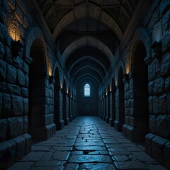 Obraz premium A Dark and Long Corridor of a Medieval Castle Made of Stone, with a Mysterious Blue Light Coming from a Window at the End