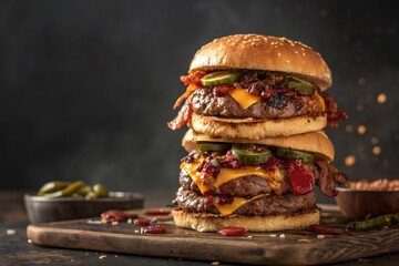 Tall stacked gourmet burger with melted cheese and fresh toppings on a wooden board isolated on white background isolated on transparent background silhouette