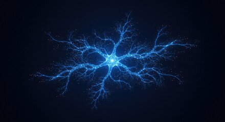 Glowing blue neuron or neural network with branching connections on a dark background.