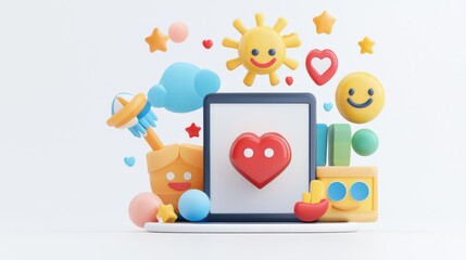 A playful digital scene featuring a laptop surrounded by colorful emojis, symbols of joy, love, and creativity.