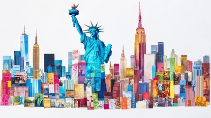 A vibrant artistic representation of New York City featuring the Statue of Liberty and iconic skyscrapers.