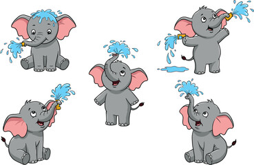Cute cartoon elephant characters spraying water with hoses, adorable animal mascot set, playful wildlife illustration, summer splash theme, fun vector design collection