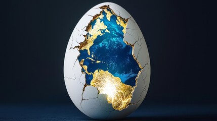 A broken egg reveals a vibrant world inside, symbolizing new beginnings and natural beauty in a conceptual design.