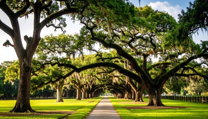 Sunlight-drenched avenue lined with majestic oak trees