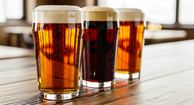 Different types of beer on wooden table, craft beer selection, beer tasting and brewery tour concept