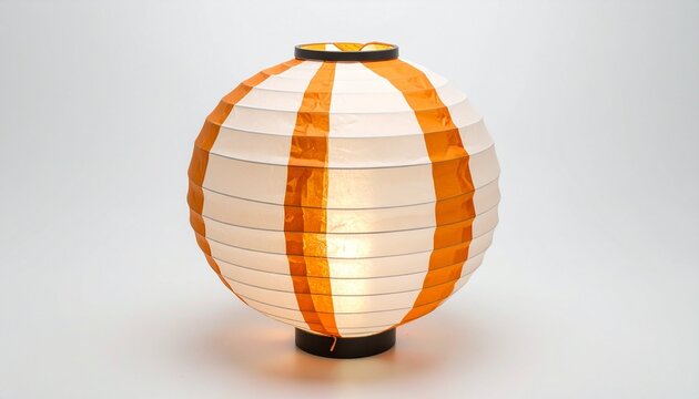 Spherical paper lantern with alternating vertical orange and white panels, ribbed structure, glowing warmly from within, festive and symmetrical design. - Powered by Adobe