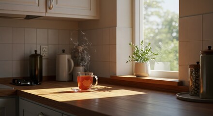 A sunlit kitchen scene with a cup of tea on a wooden countertop near a window.