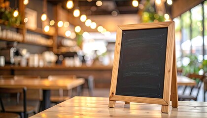 Blank chalkboard menu on a wooden table in a cafe, with blurred background of tables and counter.