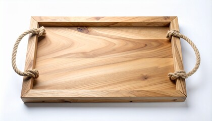 Light wood serving tray with visible grain and knots, rope handles on short sides, rustic and functional design on neutral background