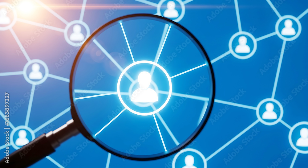 Poster magnifying glass focusing on a network of people icons, representing social connection and data anal