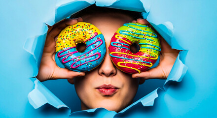 Donut lover with colorful doughnuts and blue background creative food photography and fun dessert concept