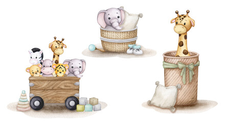 Cute animals in baskets. Children's toys. Hand drawn watercolor illustration. Set of compositions for poster, card, invitation to baby shower, birthday, children's party, birth of a child.