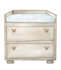 Chest of drawers, changing table. Furniture for baby's room. Interior of newborn's bedroom. Design element for interior in Scandinavian style, boho, retro. Hand drawn watercolor illustration.
