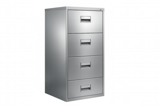 Closed metal filing cabinet with four drawers, ideal for organizing documents in a contemporary office setting, features a sleek design on transparent background