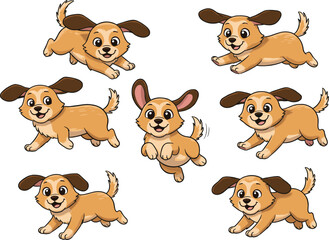 Cute cartoon puppy characters in playful poses, adorable dog mascot set, cheerful pet illustration, happy animal design, fun vector art collection