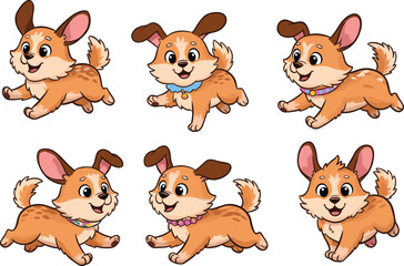 Cute cartoon puppy characters in playful poses, adorable dog mascot set, cheerful pet illustration, happy animal design, fun vector art collection