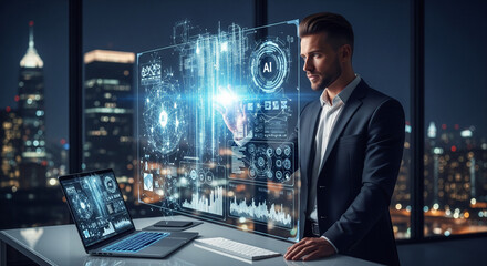 Business professional analyzing AI data on holographic interface