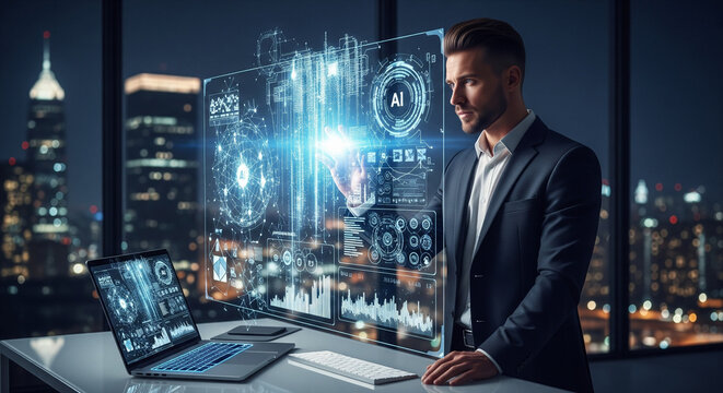 Business professional analyzing AI data on holographic interface