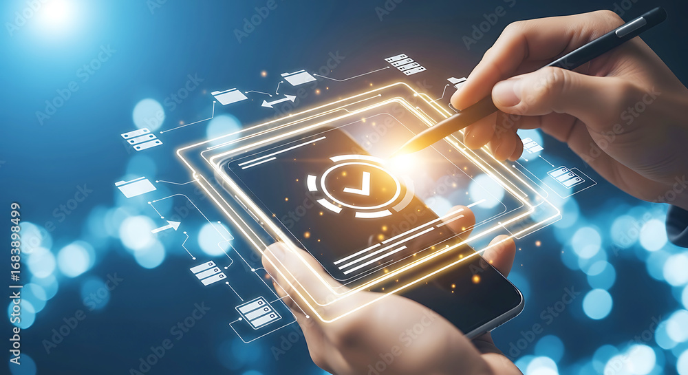 Poster closeup of hands using a stylus on a tablet with a glowing checkmark and icons, symbolizing digital 