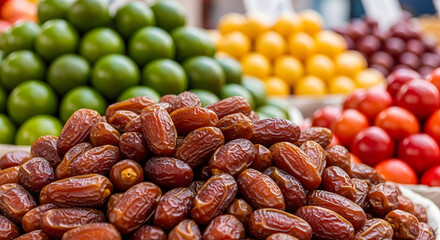 Obraz premium Close-up view of a pile of dates at a market, surrounded by other fruits like limes and oranges.