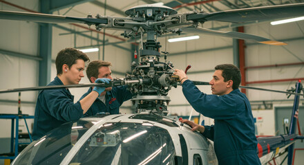 Three engineers repairing helicopter rotor in industrial hangar background