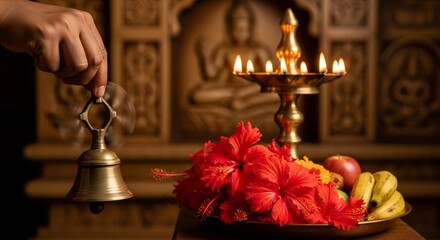 A Hindu puja scene with a bell, oil lamp, flowers, fruits, and deity statue. Perfect for religious events, spiritual practices, or cultural celebrations. 