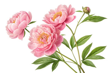 Fototapeta premium Delicate pink peony flowers with green leaves isolated on transparent background