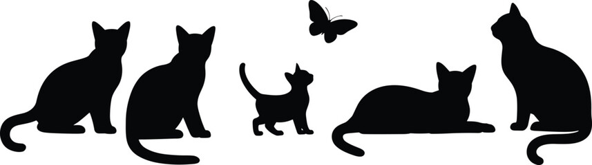 Silhouettes of cats sitting, walking and playing with butterfly, pet animals in various poses, flat vector illustration on white background