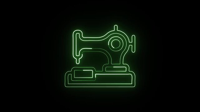 Glowing neon line sewing machine with thread animation. Sewing icon HD video isolated on black background.