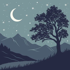 Obraz premium Serene mountain silhouette under starry moonlit night sky vector illustration
