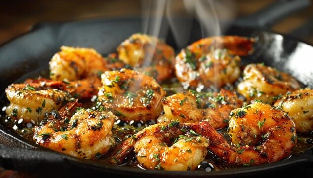 Sizzling garlic butter prawns cooking in a cast iron skillet, releasing aromatic steam and creating a mouthwatering seafood dish, perfect for any meal or special occasion