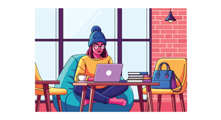 Illustration of a young woman working on a laptop in a café, sitting on a bean bag with coffee and books, symbolizing freelance work, study, and modern digital lifestyle