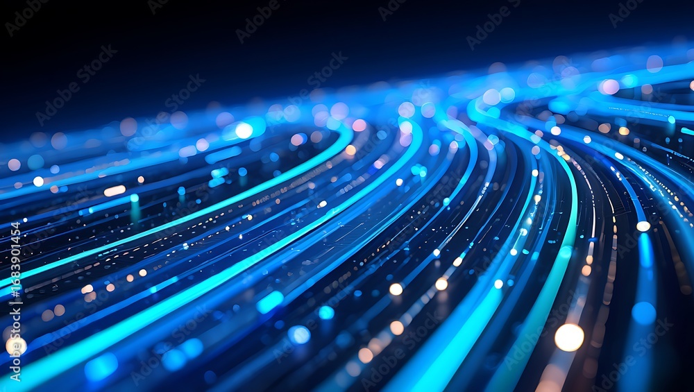 Poster abstract blue light trails streaking through digital data streams representing high speed connectivi