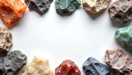 Science kids enjoy learning about colorful rock collection on white surface. Science kids explore geology, with gemstones of various colors in composition.