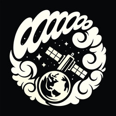 Monochromatic Earth and Space Design Featuring a Satellite Orbiting the Globe with Decorative Elements